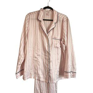 Victoria's Secret Signature Satin Striped Pajama Set Pink White Long Sleeve L